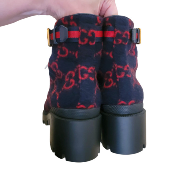Gucci GG Monogram Wool Lace-Up Web Combat Platform Boots Navy Red 37.5 7.5 - Picture 7 of 13